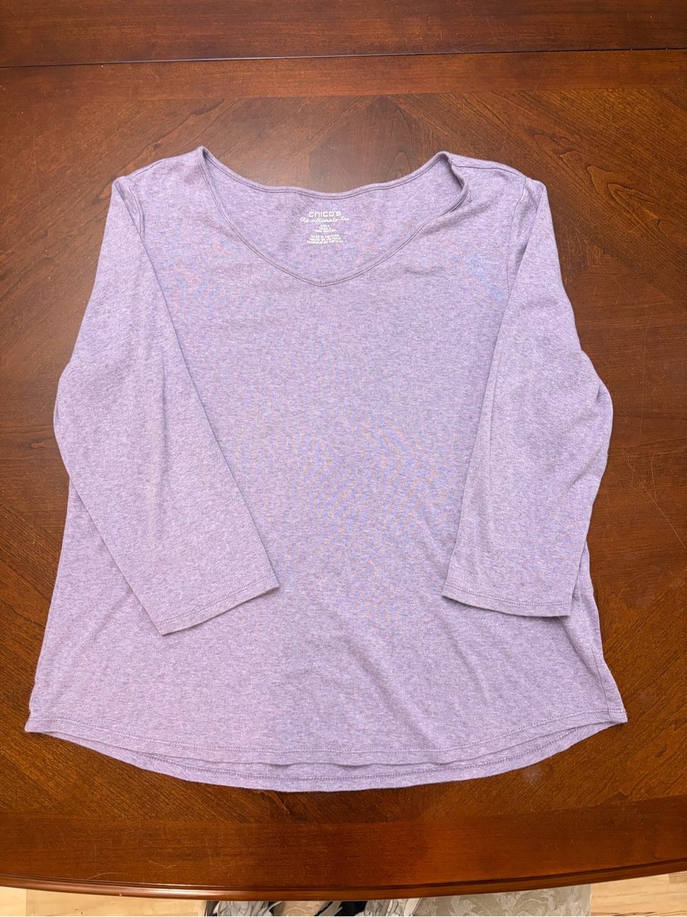 Chico’s The Ultimate Tee Women’s Purple V-Neck 3/4 Sleeve Cotton Knit Sz 2